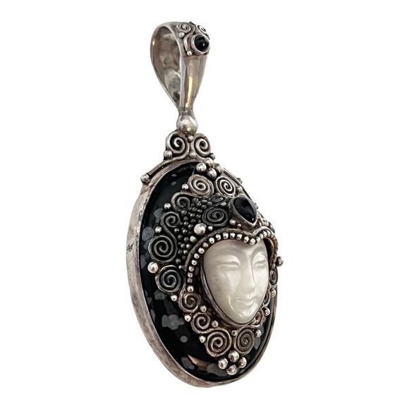 925 Silver Sajen Goddess Face Mother of Pearl PENDANT Black Obsidian Onyx Gems - Picture 7 of 8